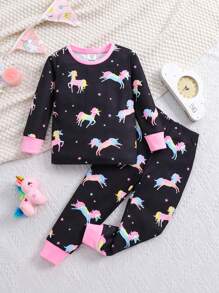 SHEIN Leap Crew Young Girl Snug Fit 2pcs/Set Neon Unicorn Print Contrast Color Round Neck Long Sleeve Soft Touch Pajama Set, Autumn/Winter - Multicolor - View 3
