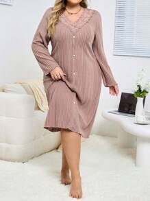 1pc Women Plus Size Flocked Ribbed Lace Patchwork Faux Stockings Long Sleeve Nightgown