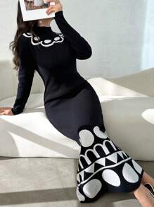 Modelyn Vestido ajustado de manga larga con bloque de color elegante y casual para mujer, otoño/invierno