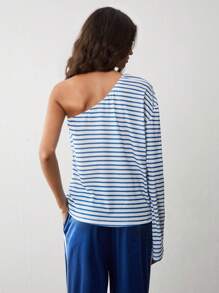 Flirla 1pc Women Blue Stripe Asymmetric One Shoulder Top, Minimalist Design, Autumn/Winter