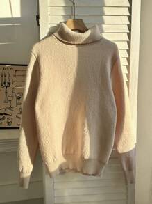 Calvaya Plus Size Casual Solid Color Turtleneck Fluffy Knitted Sweater, Autumn/Winter Fall - Beige - View 2