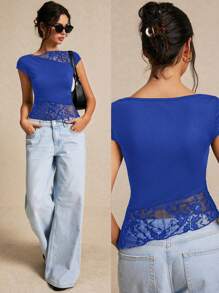 Poéselle Damen Sommer enganliegendes asymmetrisches T-Shirt mit Spitze, Kurzarm, Saum Splissing und Volant Design