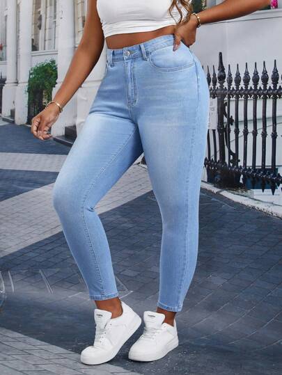 EMERY ROSE Plus Size Distressed Skinny Denim Jeans, Casual Everyday Wear For Autumn