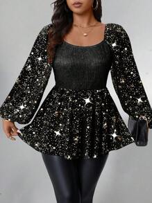 Allurite Plus Size Knitted Textured Fabric With Star Metallic Stamping, Cute Women Top - Black - View 3