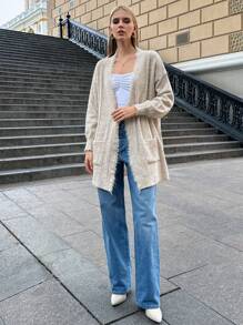 EURMUSE Casual Solid Color Dual Pocket Fringe Cardigan, Autumn/Winter - Beige - View 4