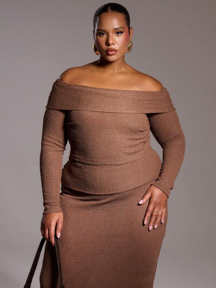 Plus Size Knit Textured Asymmetric Off The Shoulder Bardot Long Sleeve Top For Going Out, Sexy, Club, Party, Date Night, Holiday, Rave, Concert, Festival Spring Summer