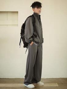 DAZY 男士休闲宽松纯色拉链领长袖夹克和裤子套装，秋季