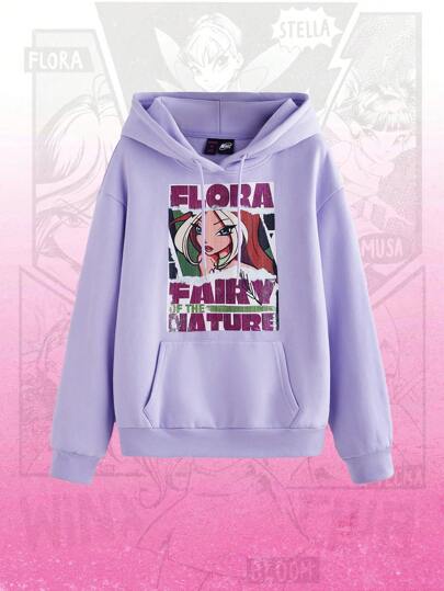 Winx Club X ROMWE Women Casual Cartoon Character & Slogan Print Dropped Shoulder Loose Drawstring Pocket Hoodie