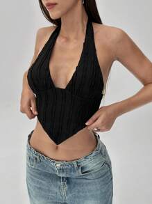 Aloruh Áo croptop nữ màu đen trơn, kiểu dáng thanh lịch, tối giản, hở lưng, thắt nơ, ôm sát. - màu đen - Xem 4