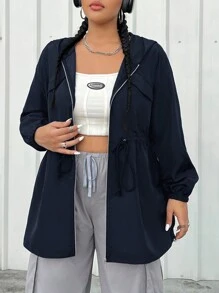 SHEIN EZwear Plus Size Women Solid Color Zipper Front Hooded Jacket, Suitable For Autumn Fall Winter - Navy Blue - View 2