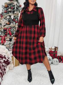 Calvaya Plus Size Checkered Patchwork Brushed Shirt Dress For Autumn, Casual - Multicolor - View 1