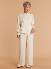 SHEIN LUNE 2 件女士休闲通勤连帽衫套装 - 杏色 - 查看 8