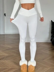 SHEIN EZwear Women's Thickened V-Waist Leggings, Autumn/Winter - White - View 4