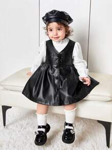 SHEIN Toddler Girl 3pcs/Set White Shirt, Sleeveless Leather Dress & Cap Set, Cute For Autumn/Winter