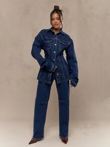 MISSGUIDED Cinched Waist Trucker Jacket Modern Longline Classic Outerwear Fall Spring Four Season Streetwear Double Chest Pockets Structured Silhouette Western Design Flattering - Blue - View 4