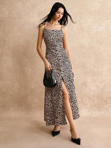 SHEIN Frenchy Ladies Leopard Print High Slit Maxi Slip Dress, Fall Women Outfits,Leopard Costume,Sexy Women Outfits,Elegant Women Dresses,Masquerade Ball Dress,Sexy Party Dress,,2024 AW, Winter Clothes Summer Cheetah Brown Casual - Brown - View 1
