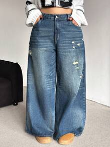 Dripcurv Plus Size Loose Fit Ripped Blue Wide Leg Casual Boyfriend Jeans Fashion Solid Retro Washed Baggy High Waist Winter Street Cool Style Streetwear Jeans Women Homecoming Fall Jeans - Blue - View 1