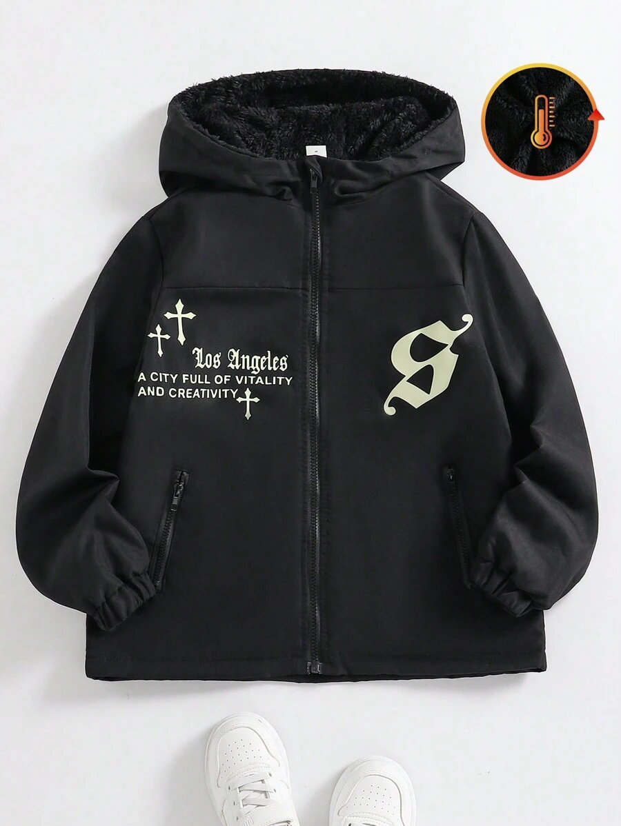 SHEIN Áo khoác nỉ trùm đầu thời trang thường ngày cho bé trai tuổi teen - màu đen - Xem 1