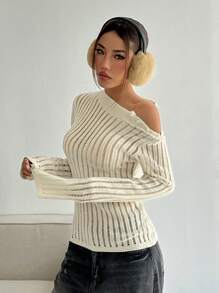 Flirla Women's Asymmetric Shoulder Long Sleeve Fitted Fashionable Knit Sweater For Autumn, Knit Pullover Fall Winter - Apricot - View 4