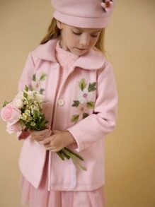 SHEIN 女孩年轻女孩秋冬长袖花卉刺绣印花 Polo 领休闲优雅外套带刺绣帽子，厚料 - 淺粉色 - 查看 7