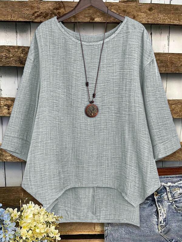 Plus Size Casual Simple Round Neck Asymmetric Hem Loose Shirt, Autumn