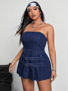 SHEIN ICON 大码女式时尚夏季纽扣细节抹胸褶皱牛仔连衣裙，百搭 - 藍色 - 查看 6