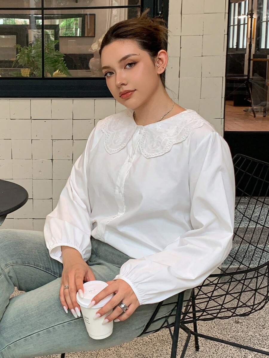 Dazy Petite Plus Plus Size Contrast Lace Collar Loose Lantern Sleeve White Peter Pan Collar Blouse, Spring/Summer/Autumn, Fall Women Clothes Long Sleeve Top - White - View 1