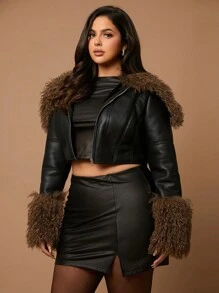 SHEIN BAE Áo khoác mùa thu dáng ngắn dành cho nữ, thanh lịch, gợi cảm, thích hợp đi dự tiệc, màu đen, chất liệu da PU, cổ và tay áo được may tỉ mỉ, phối lông thú màu nâu sô cô la, thích hợp mặc đi dự tiệc Halloween. - màu đen - Xem 4