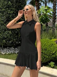 SHEIN EZwear 女士度假休闲纯色无袖褶边前拉链迷你连衣裙 - 黑色 - 查看 1