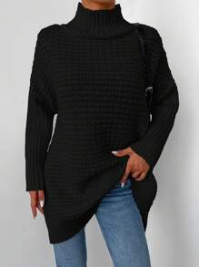 EURMUSE Plus Size Solid Color Stand Collar Sweater, Casual Wear Fall/Winter Clothes - Black - View 4