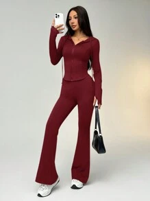 SHEIN EZwear 纯色抽绳连帽短款上衣和喇叭裤 2 件套，运动服 - 酒紅色 - 查看 7