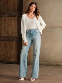 Anewsta Women Short Cardigan Sweater With Beaded Detail,Fringe Trim, Long Sleeve, Solid Color, Round Neck