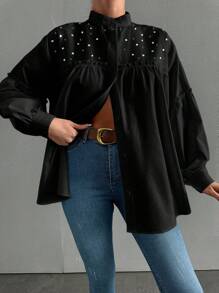 EURMUSE 100%Cotton Women's Solid Color Minimalist Everyday Long Sleeve Shirt With Rhinestone Pleating - Black - View 5