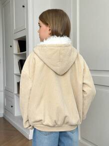 SHEIN 青少年女孩宽松休闲简约舒适保暖内衬连帽夹克，百搭 - 杏色 - 查看 2