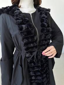 SHEIN Privé 女士连帽拼接毛绒收腰休闲宽松保暖外套秋冬季 - 黑色 - 查看 6