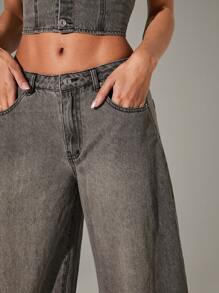 Denimoi 秋季女装，女士休闲宽松百搭口袋灰色牛仔阔腿低腰牛仔裤。适合休闲外出和日常穿着。 - 淺色水洗藍 - 查看 4