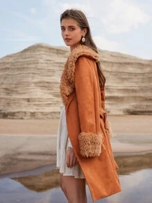 Aveloria French Style Fluffy Collar Patchwork Deer Velvet Mid-Length Belted Coat, Ladies Winter Jacket Fall Cloth For Women - Brown - View 5