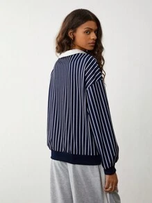 TRNVIE 1pc Blue Striped Patchwork Color Block Casual Knit Pullover Sweatshirt For Women, Autumn/Winter  Fall Outfit - Navy Blue - View 2