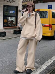 DAZY 2pcs Women Casual Minimalist Solid Color Oversized Sweatshirt & Sweatpants Set, Suitable For Autumn/Winter Thermal Lined Tracksuits Women Set Lounge Sets For Women - Apricot - View 1