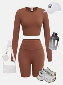 SHEIN 2pcs/Set Teen Girls' Matched Sports Crew Neck Long Sleeve Top And Shorts Co-Ord Sportswear