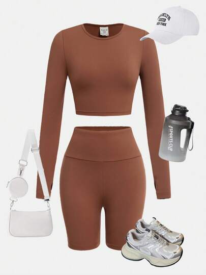 SHEIN 2 件套青少年女孩运动圆领长袖上衣和短裤套装运动服