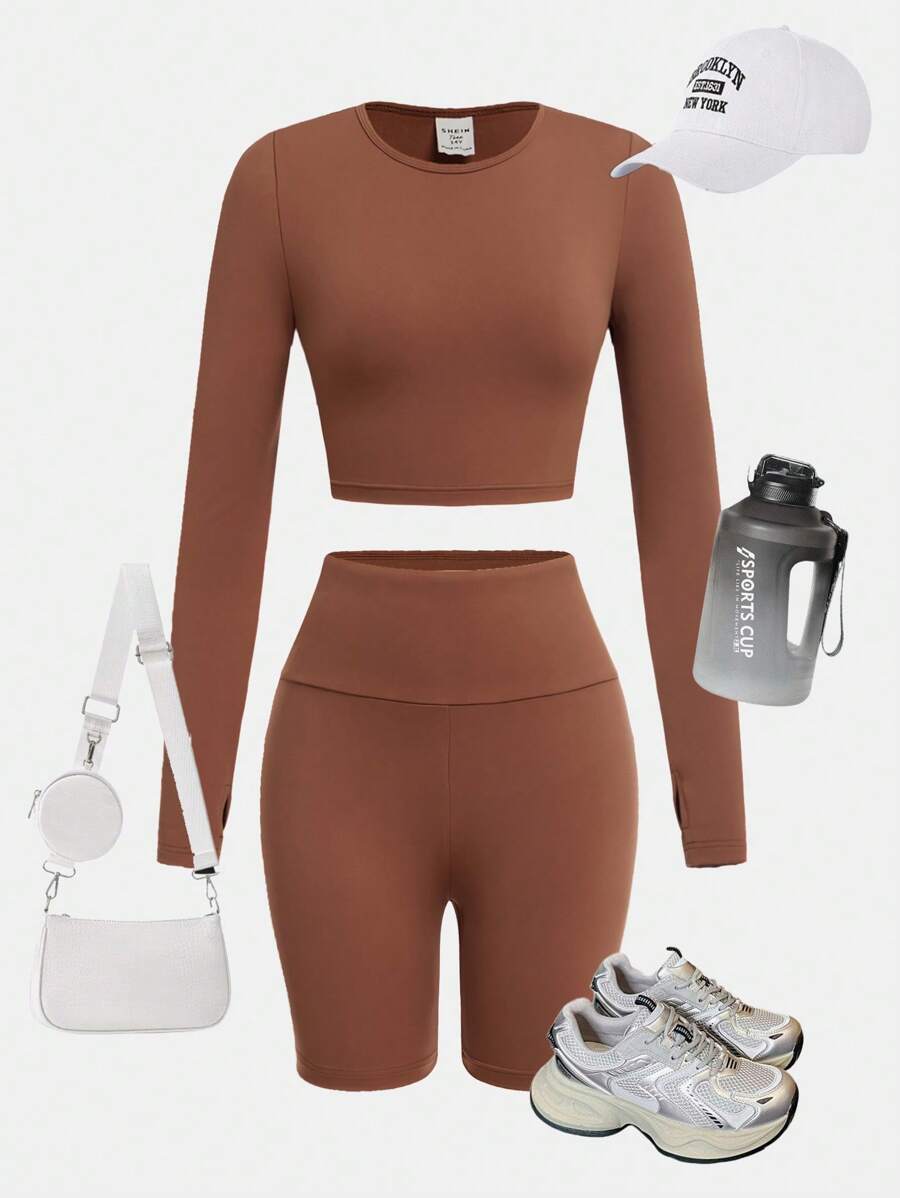 SHEIN 2pcs/Set Teen Girls' Matched Sports Crew Neck Long Sleeve Top And Shorts Co-Ord Sportswear