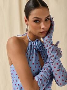 COSMINA Dames Vintage Stijl Polka Dot 3D Bloemen Decor Halter Hals Mini Jurk