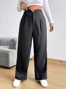Calvaya Black Plus Size Casual Minimalist Petal Waist Versatile Fashion Suit Pants - Black - View 1