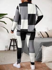 Calvaya Plus Size Casual Colorblock Plaid Beaded Decor Long Sleeve Top, Pants & Vest 3pcs Suit Set, Autumn