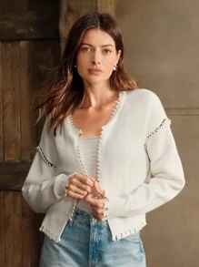 Anewsta Women Short Cardigan Sweater With Beaded Detail,Fringe Trim, Long Sleeve, Solid Color, Round Neck