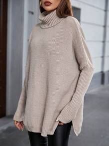 Chiquease Women's Oversized Dropped Shoulder Slit Hem Pullover Sweater Knit Pullover Fall Winter Outfit