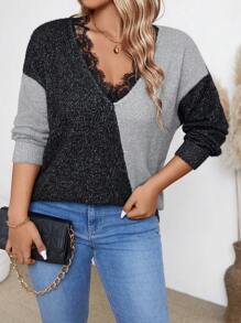 Suéter holgado de punto con bloqueo de color, encaje y cuello caído para uso diario informal en tallas grandes, para otoño/invierno