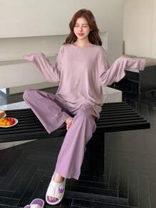 DAZY 纯色羊毛休闲宽松睡衣套装 - 紫色 - 查看 3