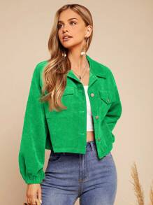 SHEIN LUNE 1 件女士绿色灯芯绒纽扣前口袋夹克，适合秋季 - 橄欖綠 - 查看 3
